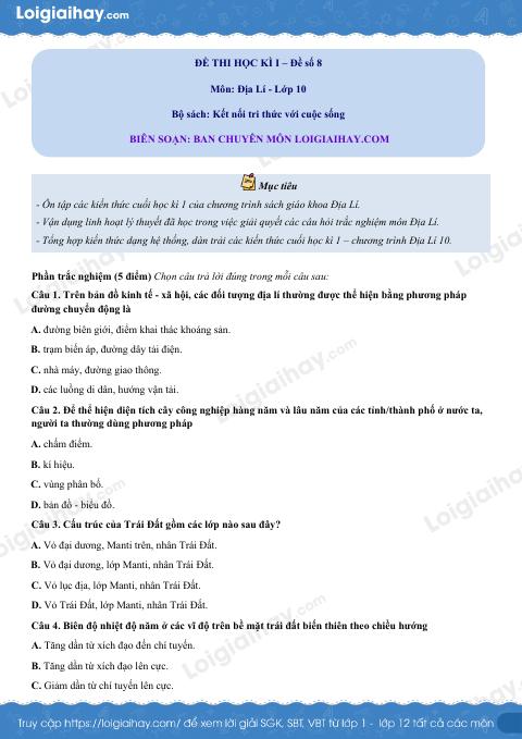 Đề thi học kì 1 Địa lí 10 - Đề số 8